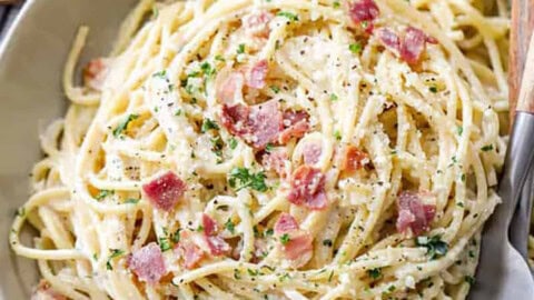 plated Spaghetti Carbonara with parmesan