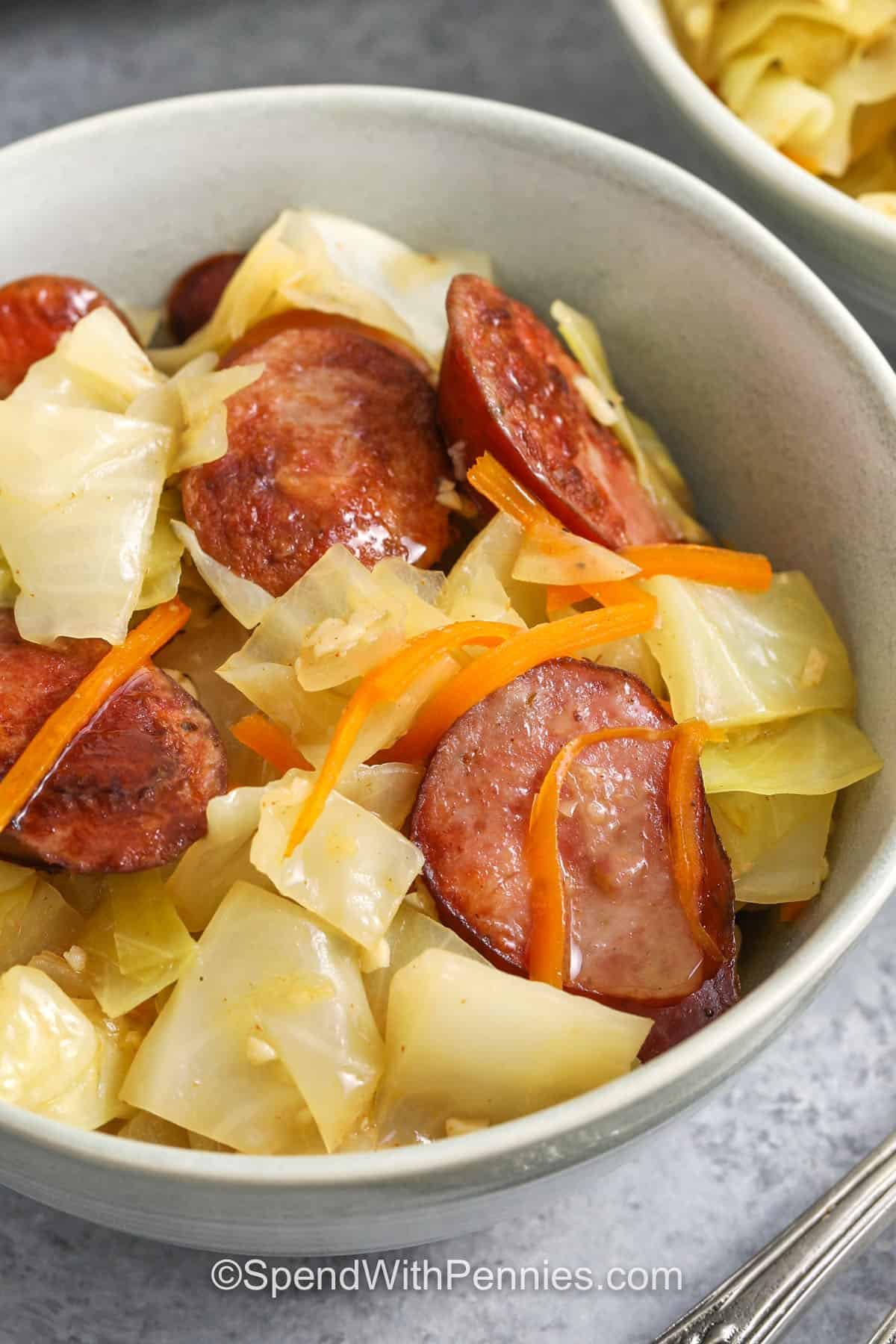 a close up of a cabbage and sausage prepared in a bowl