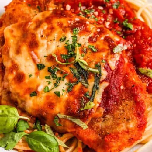 chicken parmesan served over spaghetti with a sauce