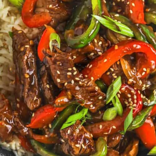 close up image of pepper steak prepared in a bowl