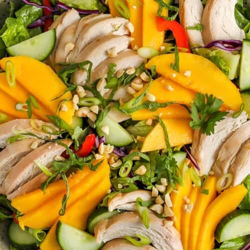 mango chicken salad prepared in a serving dish