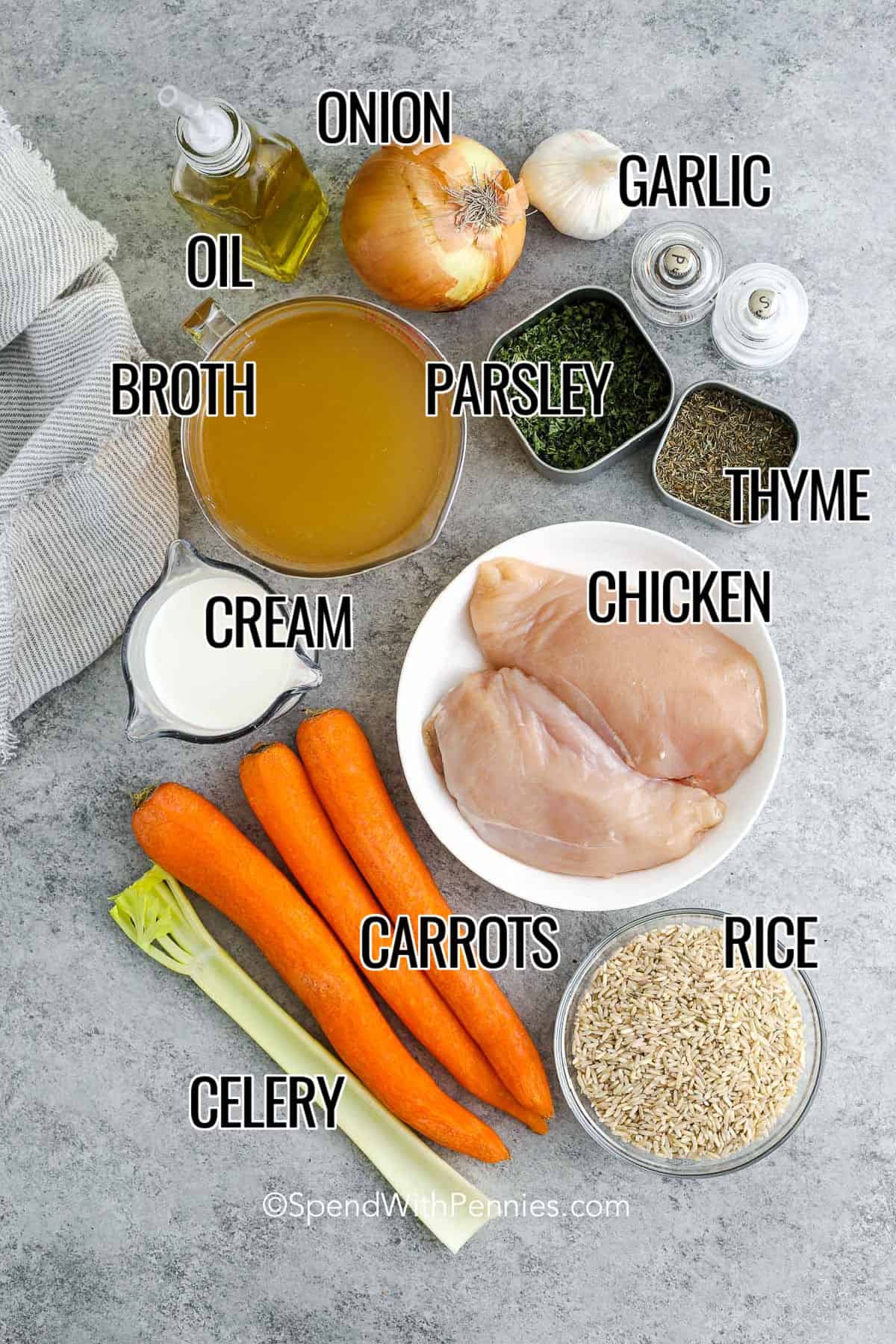 Chicken and rice soup ingredients labeled: onion, garlic, oil, broth, parsley, thyme, cream, chicken, carrots, celery, and rice.