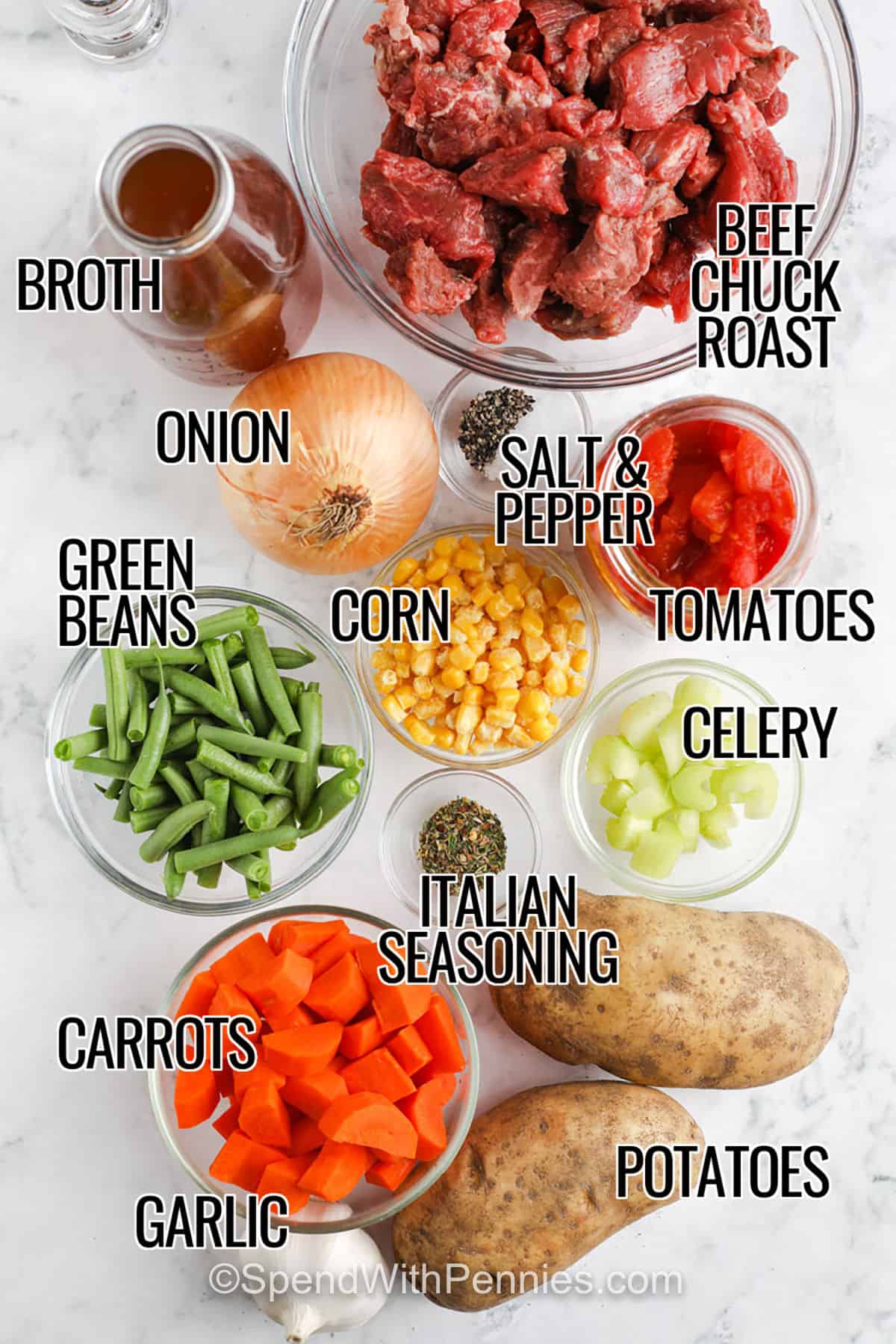 broth , beef chuck roast , onion , corn , green beans , carrots , garlic , potatoes , italian seasoning , celery , tomatoes , corn , salt and pepper with labels to make Vegetable Beef Soup