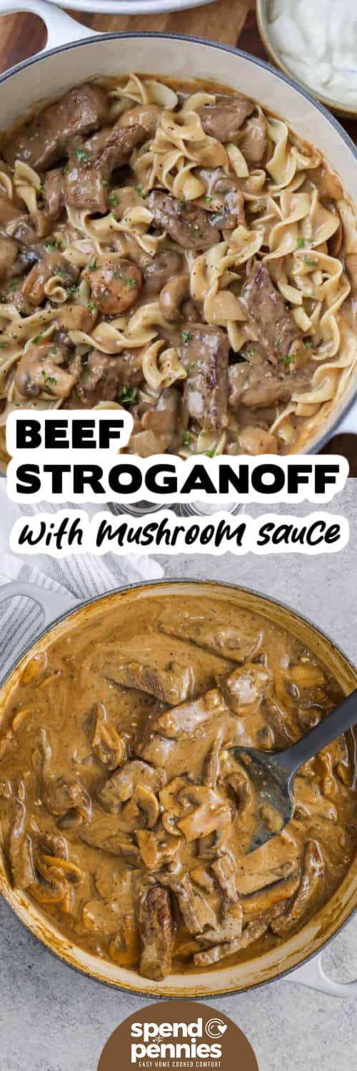 Beef Stroganoff in a pan before and after adding noodles with a title