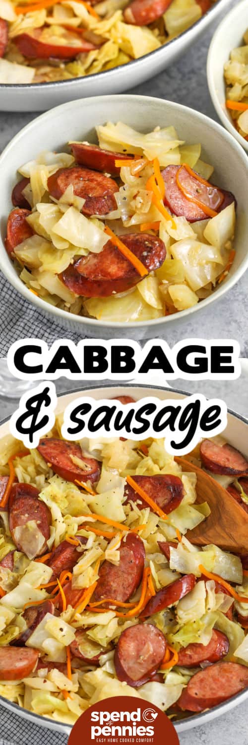 Cabbage and Sausage in the pan and in a bowl with a title