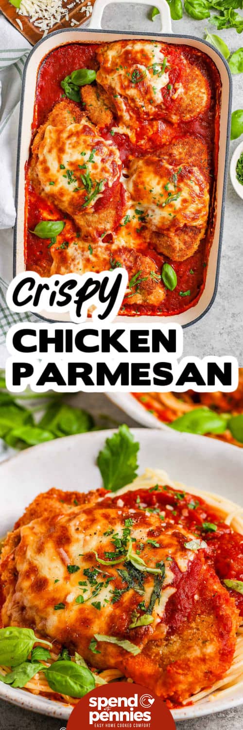 Salsa Chicken Recipe in the casserole dish and on spaghetti with a title