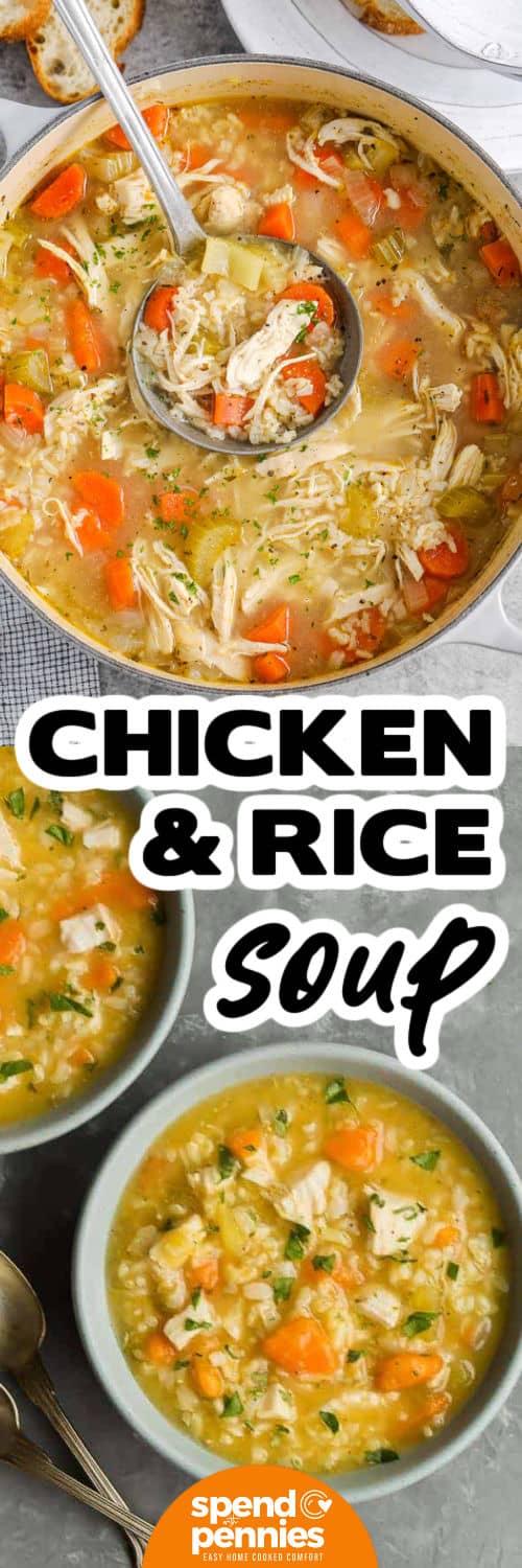 Chicken and Rice Soup in the pot and in bowls with a title