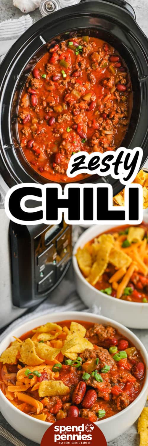 Easy crockpot chili is a crowd-pleasing favorite that comes together with pantry staples and minimal cleanup. The slow simmer lets the flavors of tomato, spice, and beef meld beautifully for a thick and hearty bowl. Using canned tomatoes and tomato sauce saves time without sacrificing taste. Whether you're feeding a family or prepping for the week, this recipe is reliable, flavorful, and easy to customize. #spendwithpennies Crockpot Chili in the pot and plated with a title