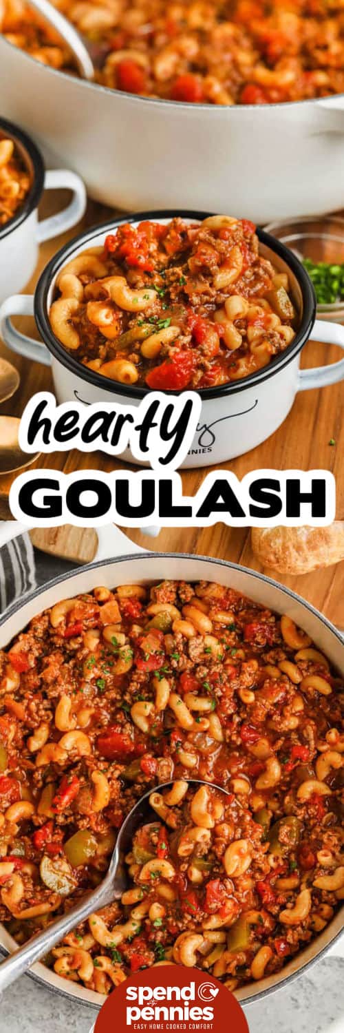 This flavorful goulash recipe is the ultimate comfort dish. Juicy ground beef, tender pasta, and a tomato-rich sauce come together with herbs and garlic for a one-pot wonder you’ll make again and again. Toss in bell pepper for extra color and crunch, and don’t forget the melted cheese on top! Great for feeding a crowd or saving for leftovers. Fast, filling, and so delicious. #spendwithpennies Grandma's Goulash in the pan and plated with a title