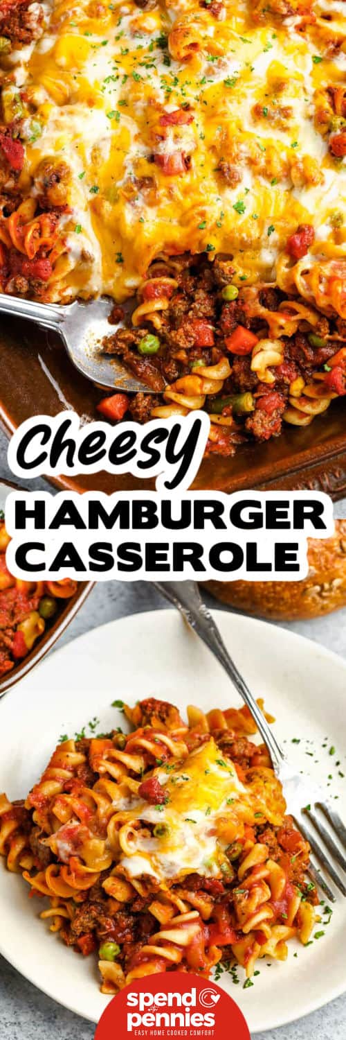 Hamburger casserole is a go-to recipe when you crave something hearty and satisfying. While not a soup or a bean dish, its tomato sauce, ground beef, and veggies form a comforting base. You can adapt by mixing in noodles, macaroni, or even rice. The golden top layer of cheese makes every bite rich, and adding cream or mushroom bits can elevate texture and flavor. #spendwithpennies Hamburger Casserole in the dish and plated with a title
