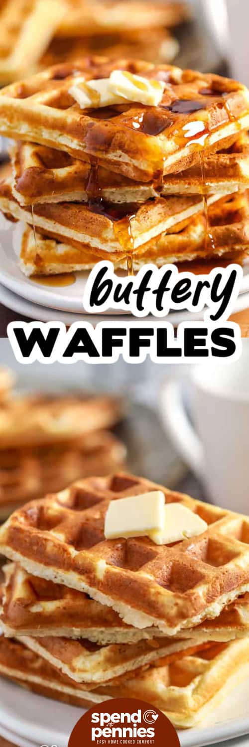 Homemade Waffles on a plate and close up photo with butter and syrup and a title