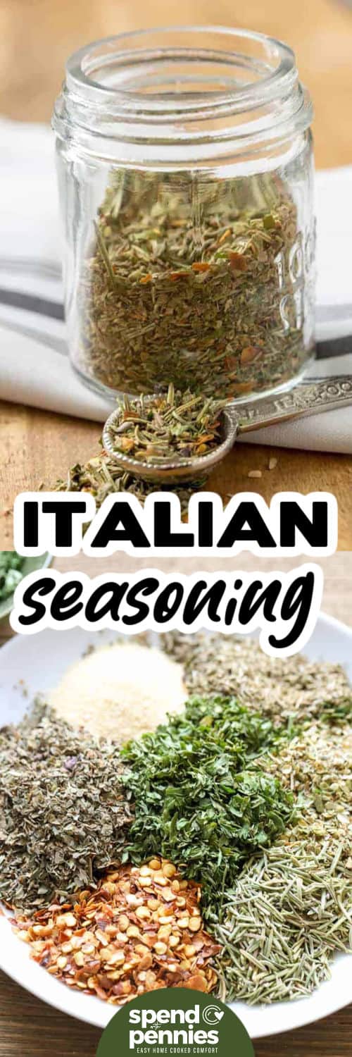 Italian Seasoning ingredients in a bowl and mixed in a jar with a title