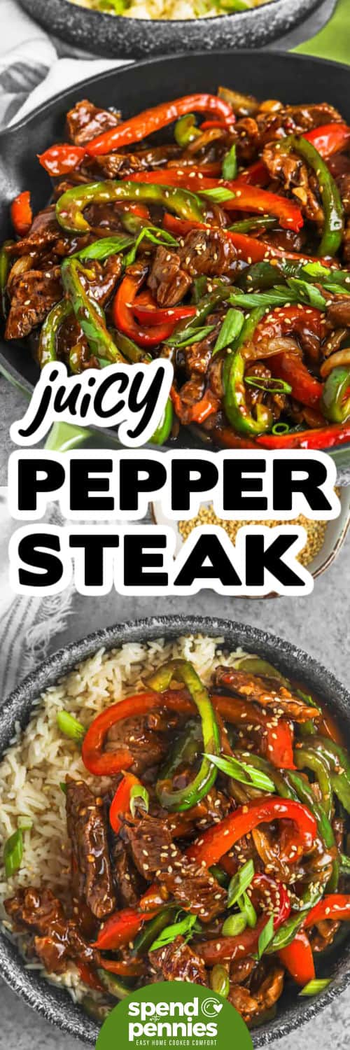 juicy Pepper Steak in the pan and plated on rice with a title
