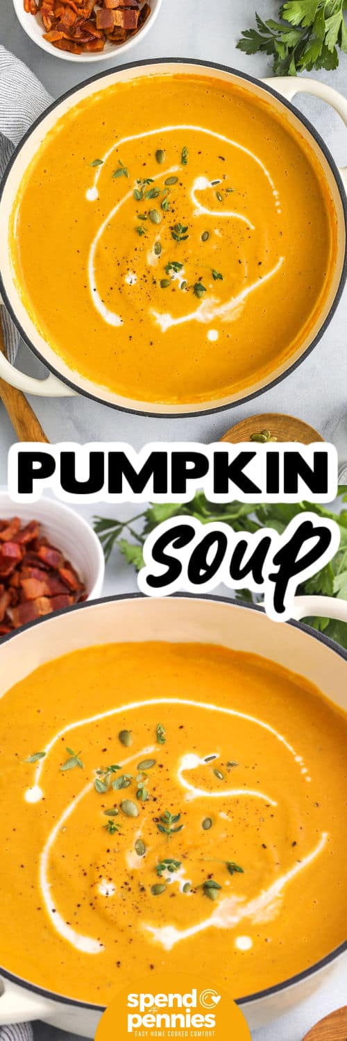 Pumpkin Soup in the pot and close up photo with a title