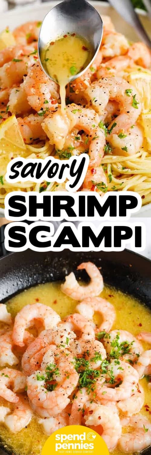 Shrimp Scampi in the pan and plated with a title