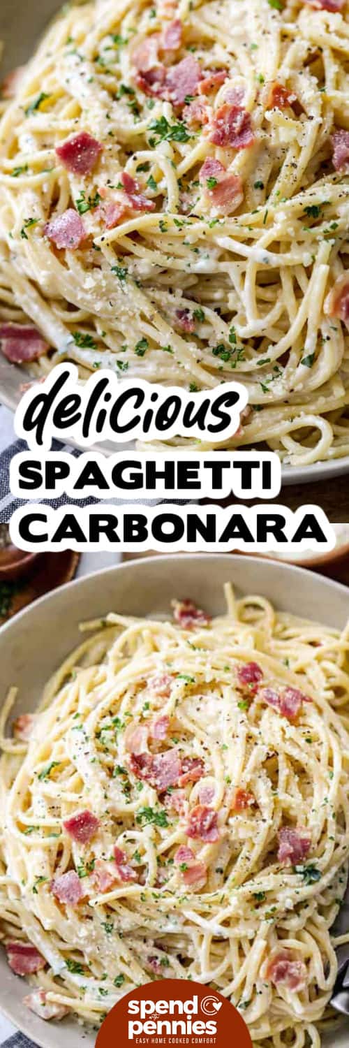 Spaghetti carbonara combines hot pasta, eggs, Parmesan cheese, and bacon for a rich, creamy sauce. The heat from the spaghetti cooks the eggs gently, creating a luscious texture without curdling. It’s a one-pan wonder that feels like a restaurant-quality meal at home. Best of all, it uses simple ingredients you probably already have. #spendwithpennies Spaghetti Carbonara in a bowl and close up photo with a title