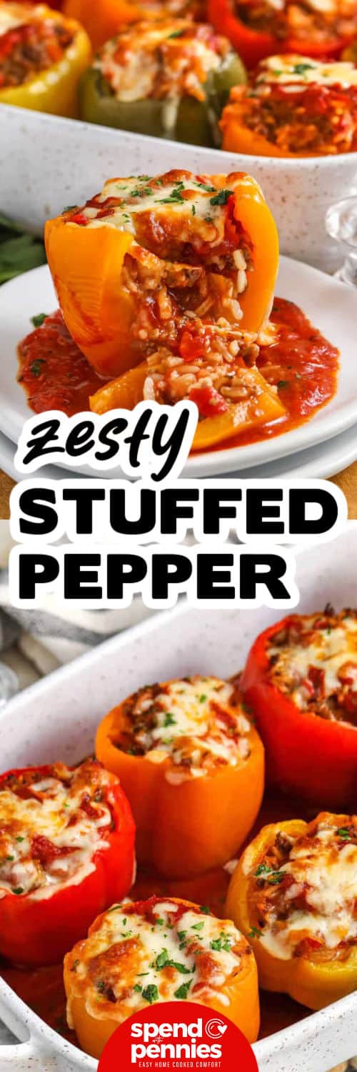 Stuffed Peppers in the casserole dish and one plated with a bite taken out and writing