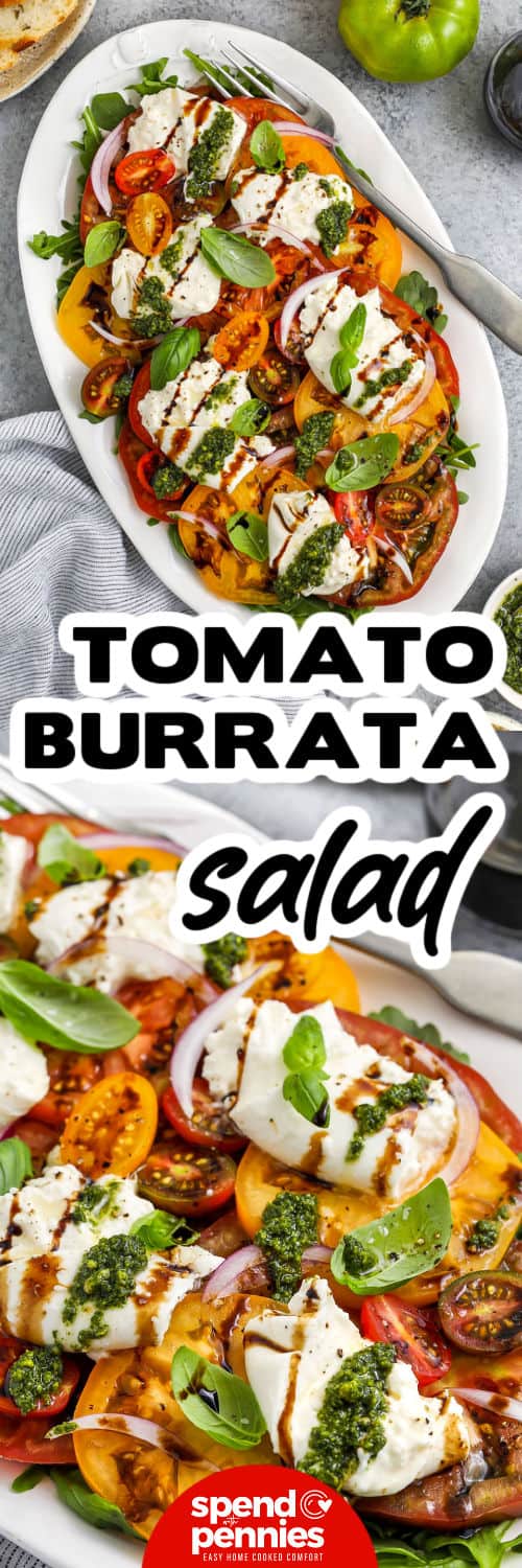 Tomato Burrata Salad on a plate and close up photo with a title