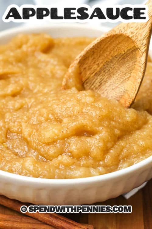 Applesauce Recipe in a bowl with a wooden spoon and a title