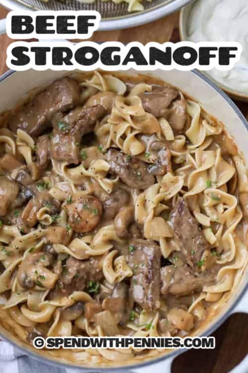 Beef Stroganoff with noodles and a title