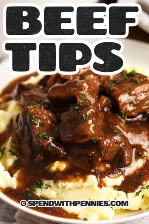 plated Beef Tips with mashed potatoes with a title