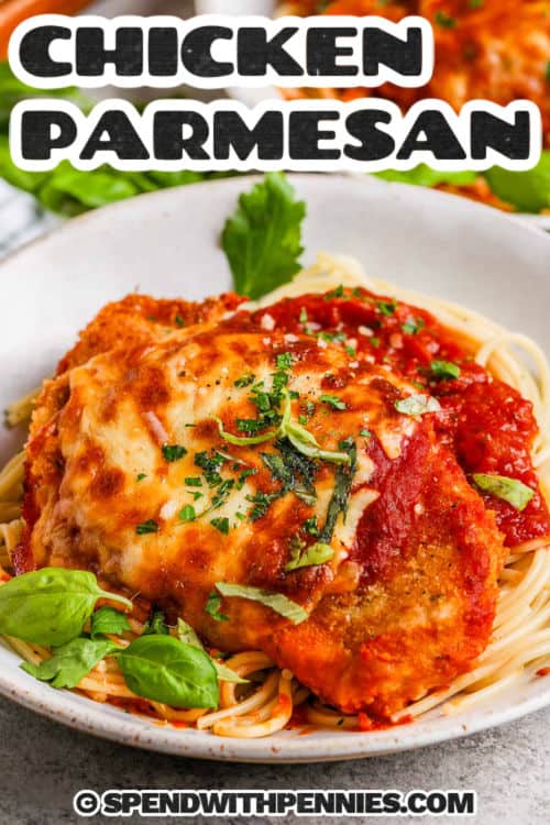 Salsa Chicken Recipe on spaghetti with a title