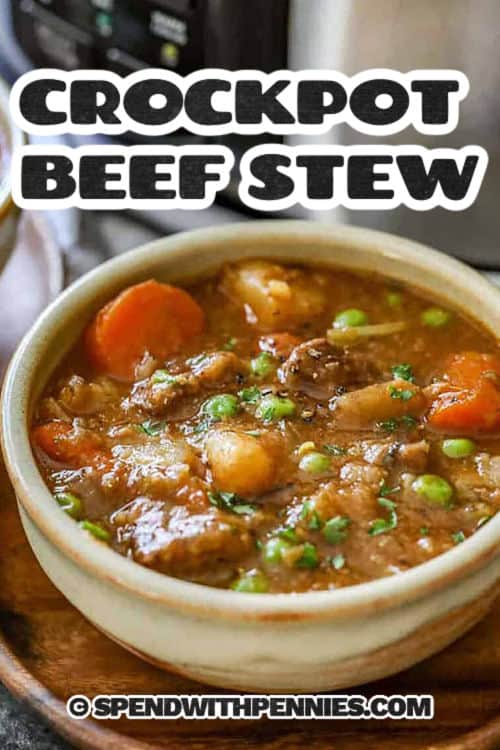 bowl of Crockpot Beef Stew with a title