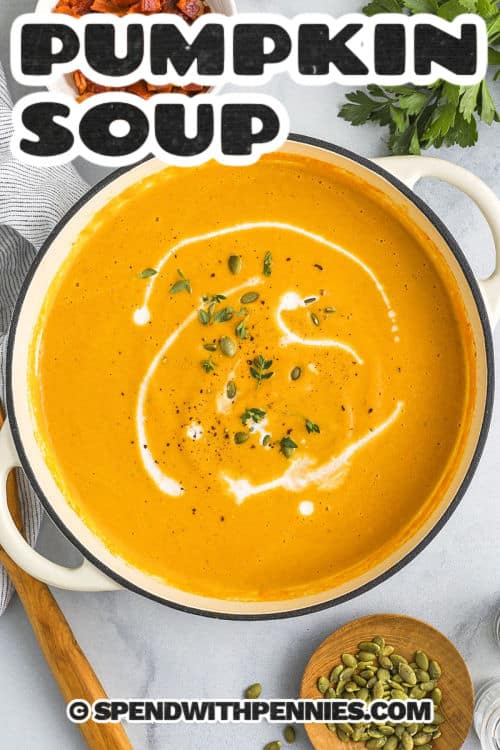 pot of creamy Pumpkin Soup with a title