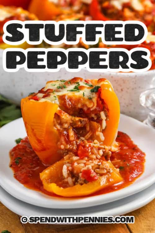 plated Stuffed Peppers with a title