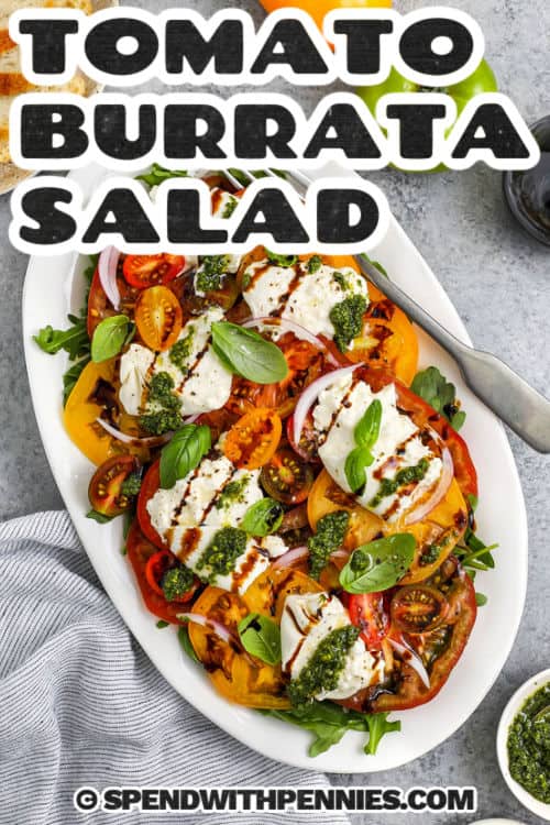 plate of refreshing Tomato Burrata Salad with a title