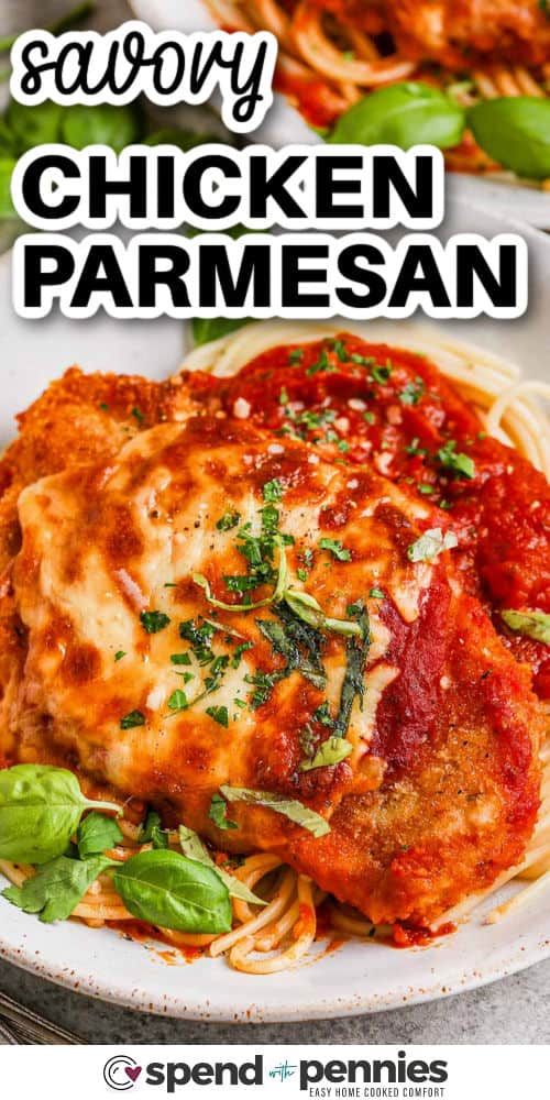 savory Salsa Chicken Recipe on spaghetti noodles and a title