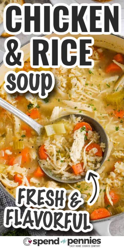 fresh and flavorful Chicken and Rice Soup with writing
