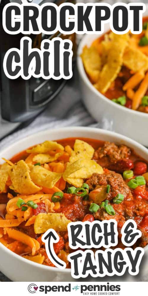 Easy crockpot chili is a one-pot wonder full of bold chili flavor, hearty beef, and warming spices. With just 20 minutes of prep, this hands-off slow cooker meal is perfect for busy schedules. The mix of chili powder, cumin, paprika, and oregano gives it that classic, crave-worthy taste, while kidney beans and tomatoes add extra flavor. Serve it with cornbread or over rice for a complete meal. #spendwithpennies rich and tangy Crockpot Chili in bowls with writing