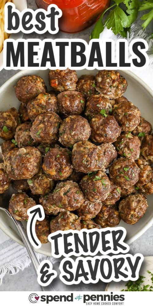 This easy meatball recipe is made with a blend of beef and pork plus breadcrumbs, herbs, and Parmesan for rich Italian-inspired flavor. Serve them in tomato sauce over spaghetti, tuck them into a sandwich, or add them to a steaming bowl of soup. They’re hearty and comforting, yet simple to prepare. Freeze before or after baking so you’ll always have homemade meatballs ready for quick family meals or entertaining. They’re sure to become a favorite at your table. #spendwithpennies Tender & Savory Meatball Recipe with writing