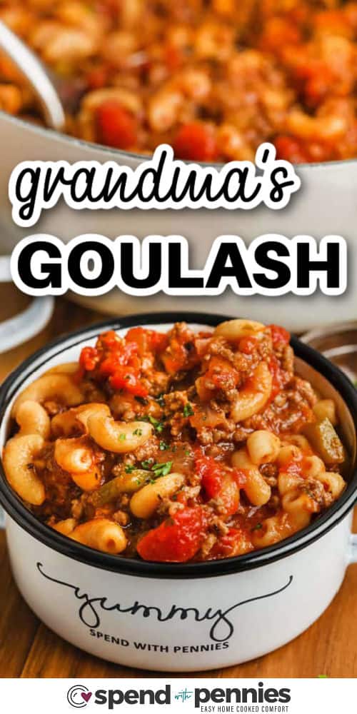 Make dinner a breeze with this crowd-pleasing goulash recipe. All you need is ground beef, elbow macaroni, and pantry staples like tomato paste, broth, and Italian seasoning. Let everything simmer to savory perfection, then top with cheese if you're feeling extra cozy. It’s family-friendly, freezer-friendly, and wallet-friendly, making it comfort food done right! #spendwithpennies Grandma's Goulash in the dish with a title