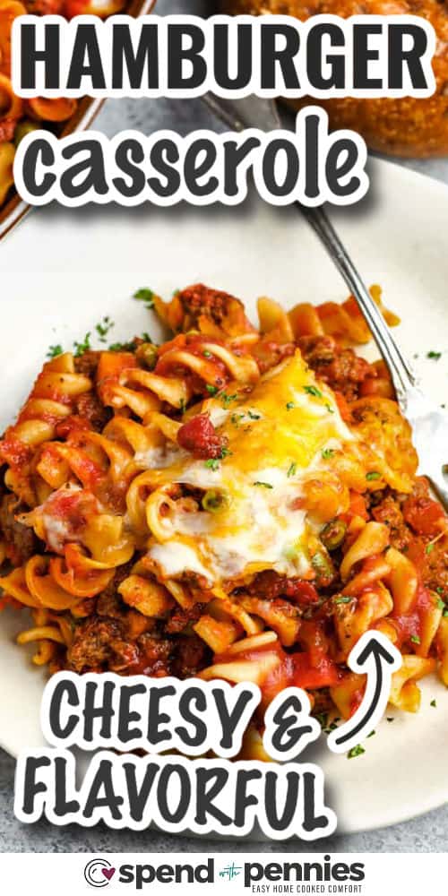 Hamburger casserole is an excellent recipe when you want comfort food without fuss. Though not a soup or bean dish, it delivers in flavor thanks to tomato sauce, ground beef, and plenty of cheese. You could add mushroom slices or a splash of cream for extra depth, or even stir in rice or noodles. It’s warm, cheesy, and very easy to adapt. #spendwithpennies flavorful Hamburger Casserole on a plate with writing