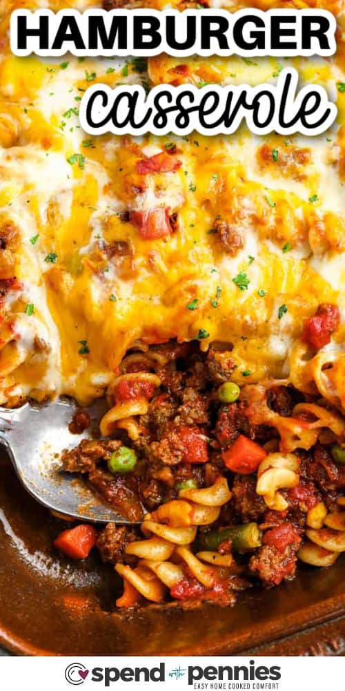 Hamburger casserole is a full-flavored recipe combining meat, veggies, and pasta in one pan. You can imagine variations using macaroni, rotini, or even rice in place of noodles. Add diced potato or mushroom pieces for texture. The tomato-based sauce is rich and savory, and the melted cheese finish gives it that perfect gooey bite. It’s reliable, hearty, and easy to love. #spendwithpennies cheesy Hamburger Casserole with a title