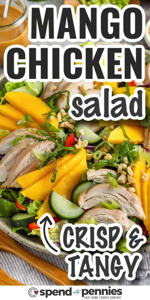 crisp and tangy Mango Chicken Salad with writing