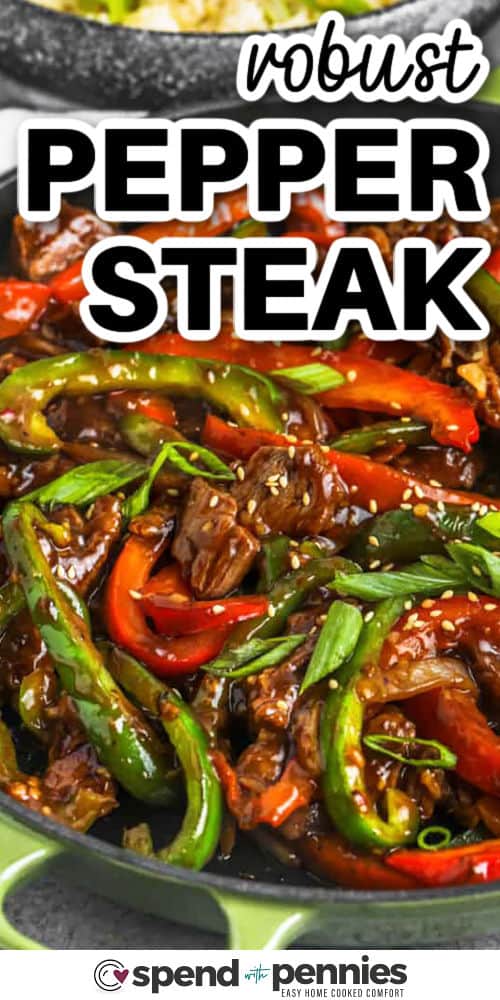 robust Pepper Steak in the pan with writing