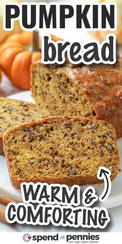 A slice of pumpkin bread on a plate with writing