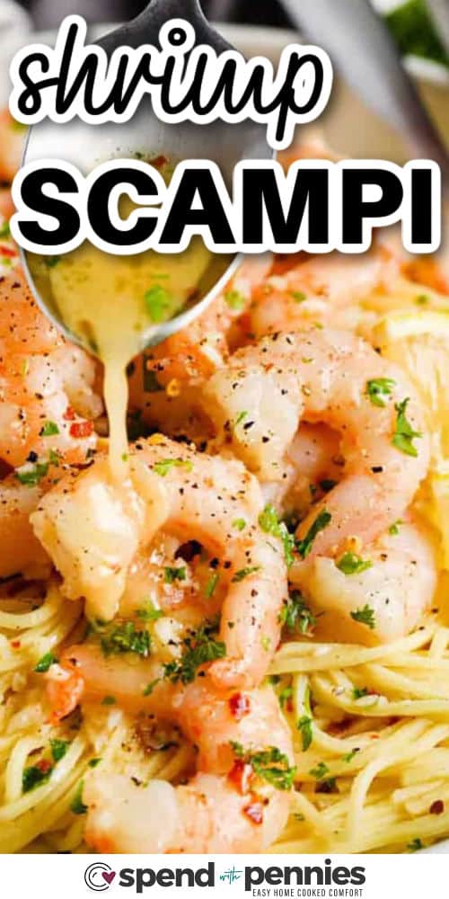 close up of Shrimp Scampi with a title