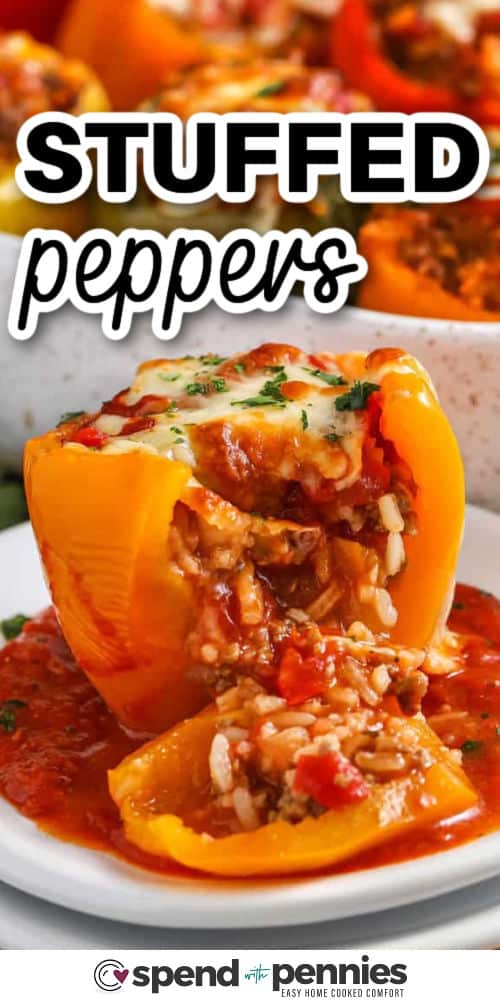 close up of zesty Stuffed Peppers on a plate with a title