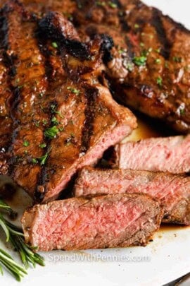 a sliced steak on a plate