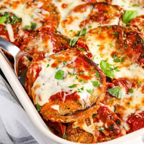 Eggplant Parmesan in a casserole dish