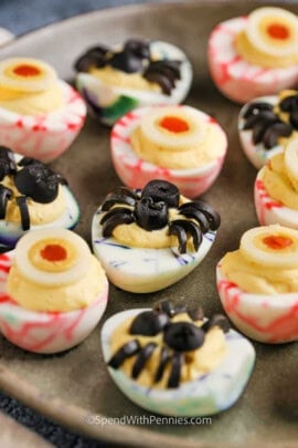 plate of easy to make Halloween Deviled Eggs
