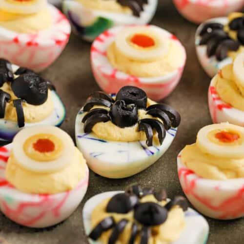 plate of easy to make Halloween Deviled Eggs