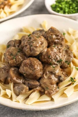 close up of plated Meatball Stroganoff