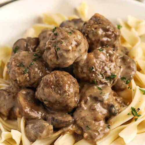 close up of plated Meatball Stroganoff