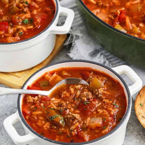stuffed pepper soup in a white pot