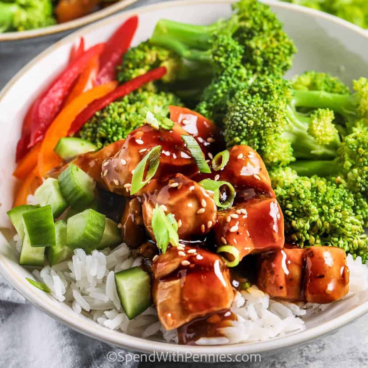 A bowl of Teriyaki Chicken, vegetables, and steamed broccoli over rice